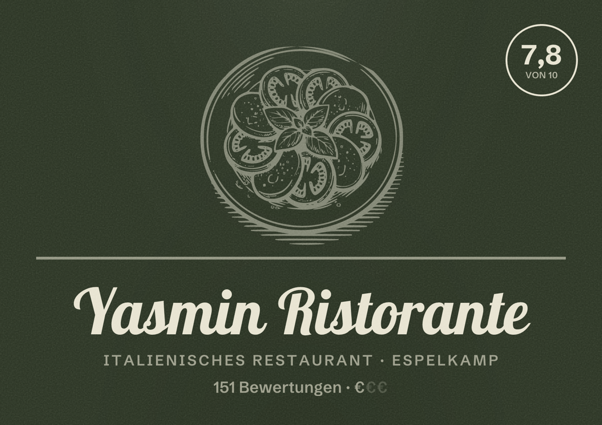Illustriertes Poster von Yasmin Ristorante, Italienisches Restaurant in Espelkamp: Bewertung 7,8 von 10 aus 151 Bewertungen, Preisniveau €