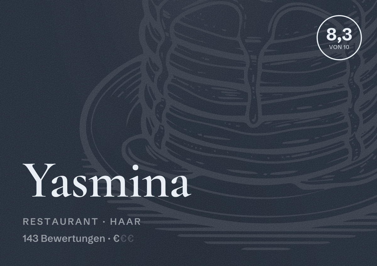 Illustriertes Poster von Yasmina, Restaurant in Haar: Bewertung 8,3 von 10 aus 143 Bewertungen, Preisniveau €