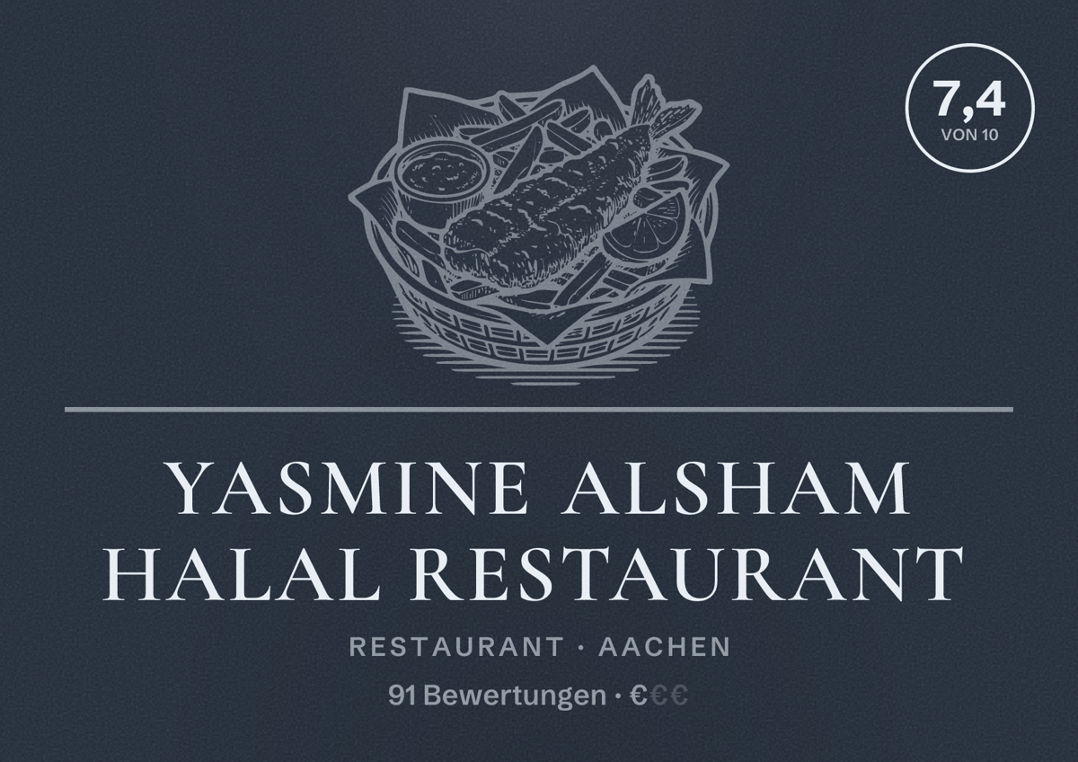 Illustriertes Poster von Yasmine Alsham Halal Restaurant, Restaurant in Aachen: Bewertung 7,4 von 10 aus 91 Bewertungen, Preisniveau €