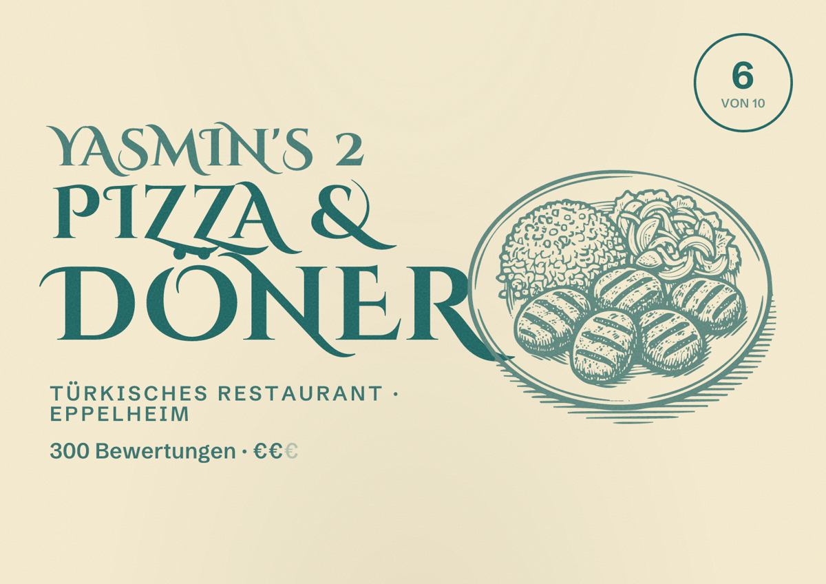 Illustriertes Poster von Yasmin's 2 Pizza & Döner, Türkisches Restaurant in Eppelheim: Bewertung 6 von 10 aus 300 Bewertungen, Preisniveau €€