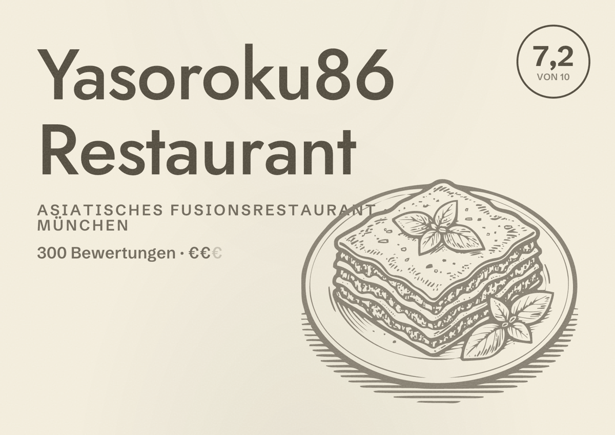 Illustriertes Poster von Yasoroku86 Restaurant, Asiatisches Fusionsrestaurant in München: Bewertung 7,2 von 10 aus 300 Bewertungen, Preisniveau €€