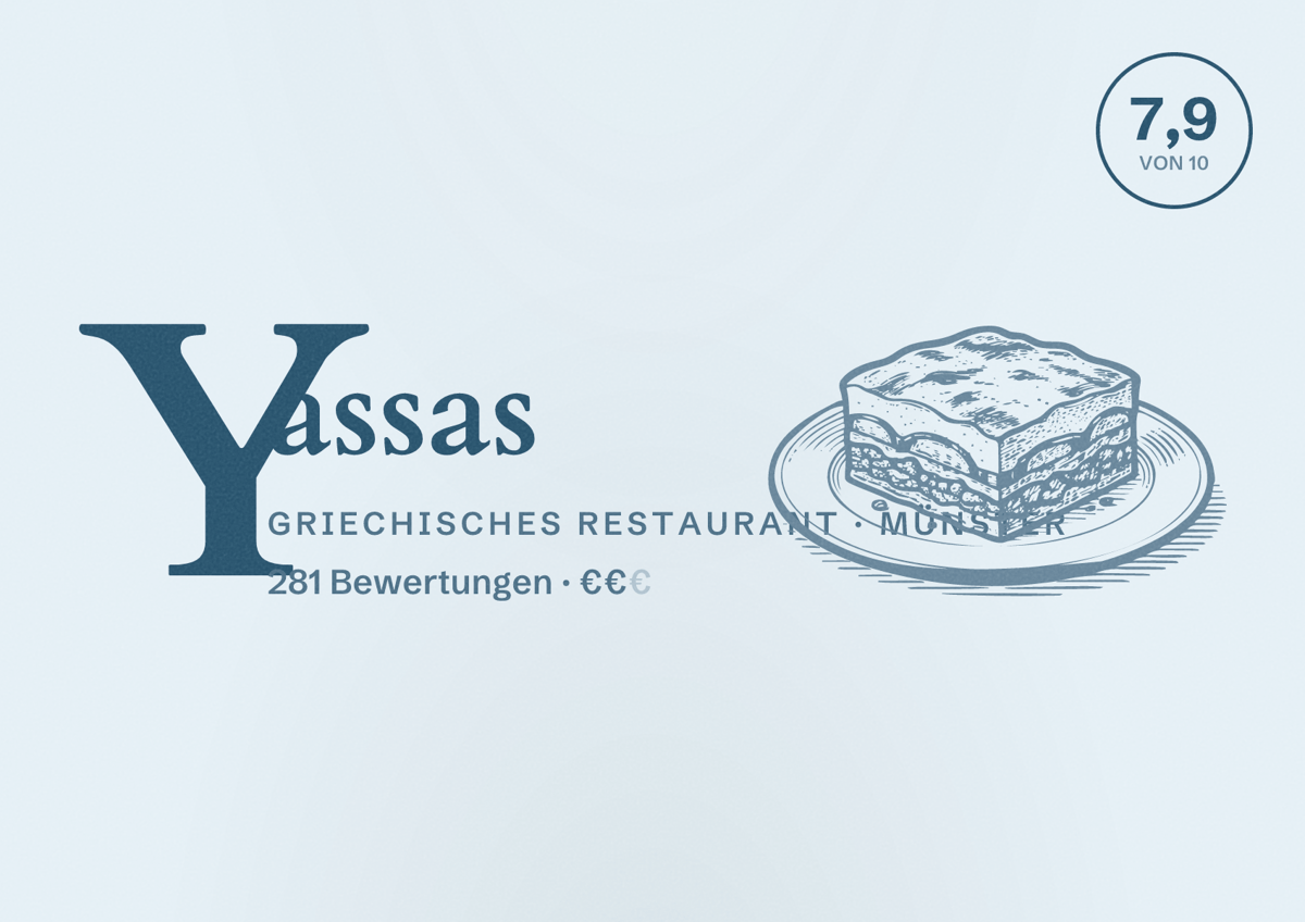 Illustriertes Poster von Yassas, Griechisches Restaurant in Münster: Bewertung 7,9 von 10 aus 281 Bewertungen, Preisniveau €€