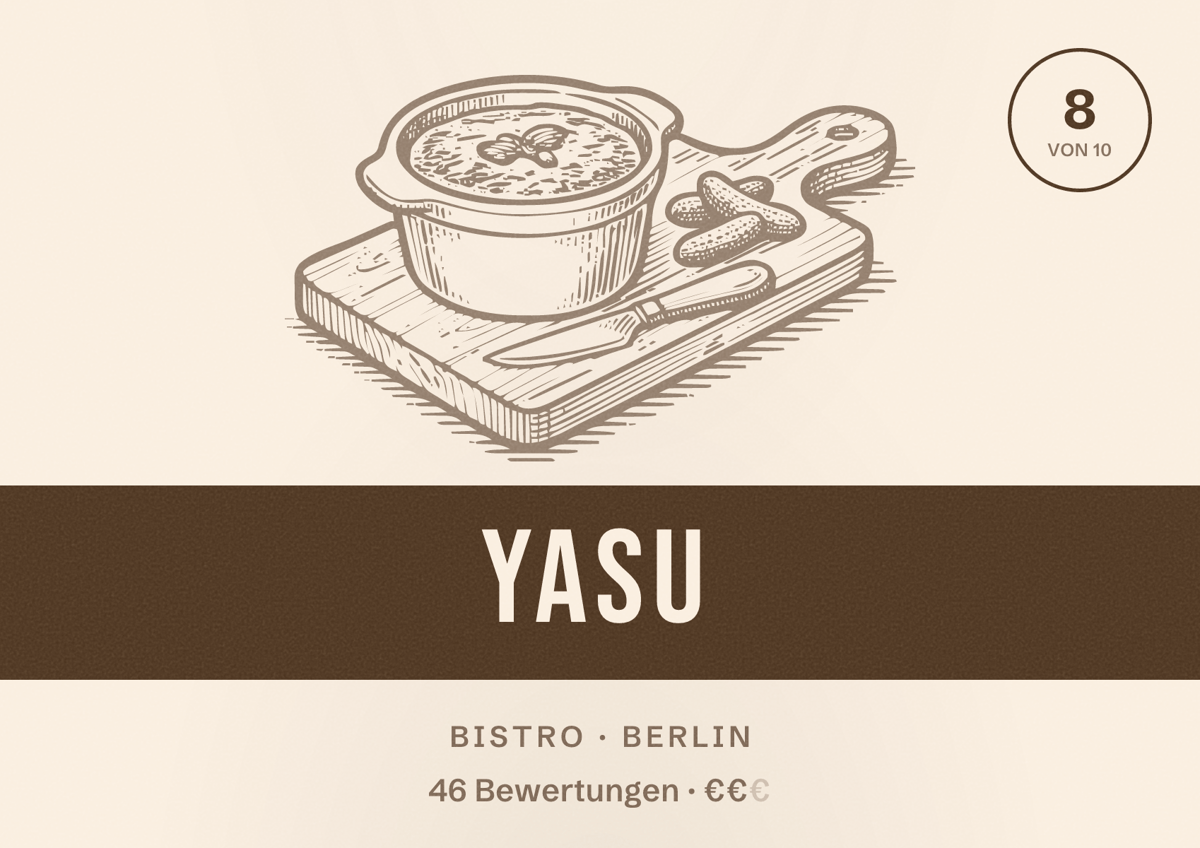 Illustriertes Poster von Yasu, Bistro in Berlin: Bewertung 8,0 von 10 aus 46 Bewertungen, Preisniveau €€