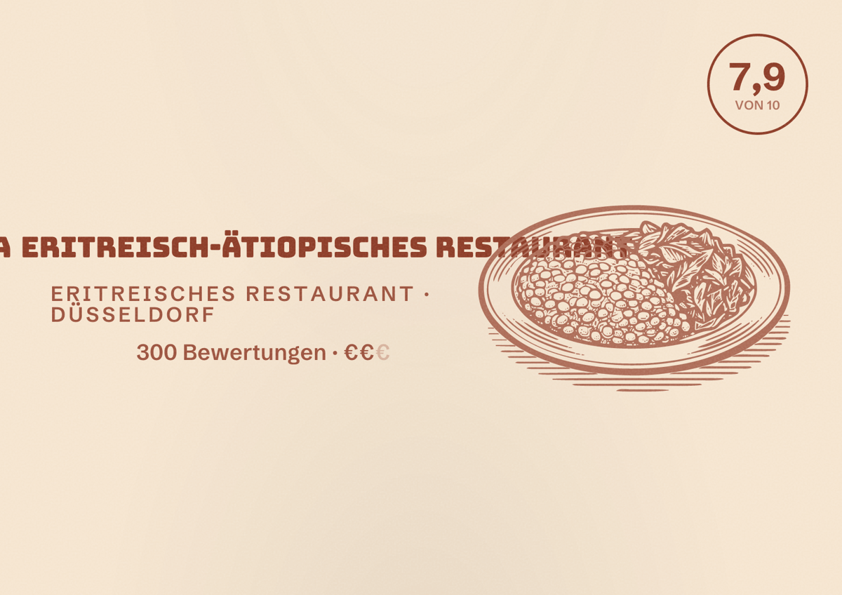 Illustriertes Poster von Yatana eritreisch-ätiopisches Restaurant, Eritreisches Restaurant in Düsseldorf: Bewertung 7,9 von 10 aus 300 Bewertungen, Preisniveau €€