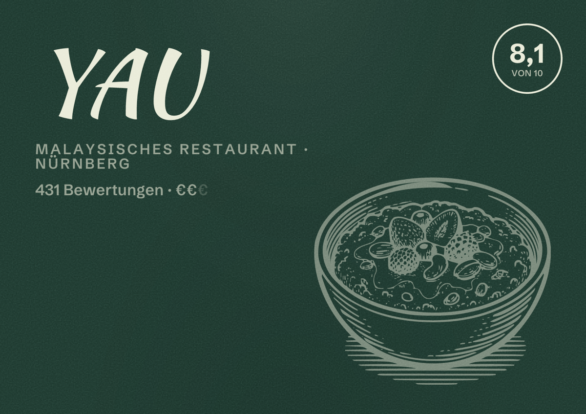 Illustriertes Poster von YAU, Malaysisches Restaurant in Nürnberg: Bewertung 8,1 von 10 aus 431 Bewertungen, Preisniveau €€