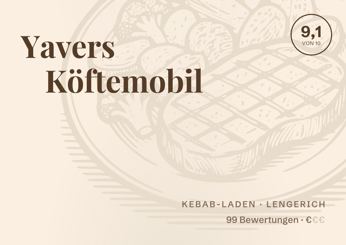 Illustriertes Poster von Yavers Köftemobil, Kebab-Laden in Lengerich: Bewertung 9,1 von 10 aus 99 Bewertungen, Preisniveau €