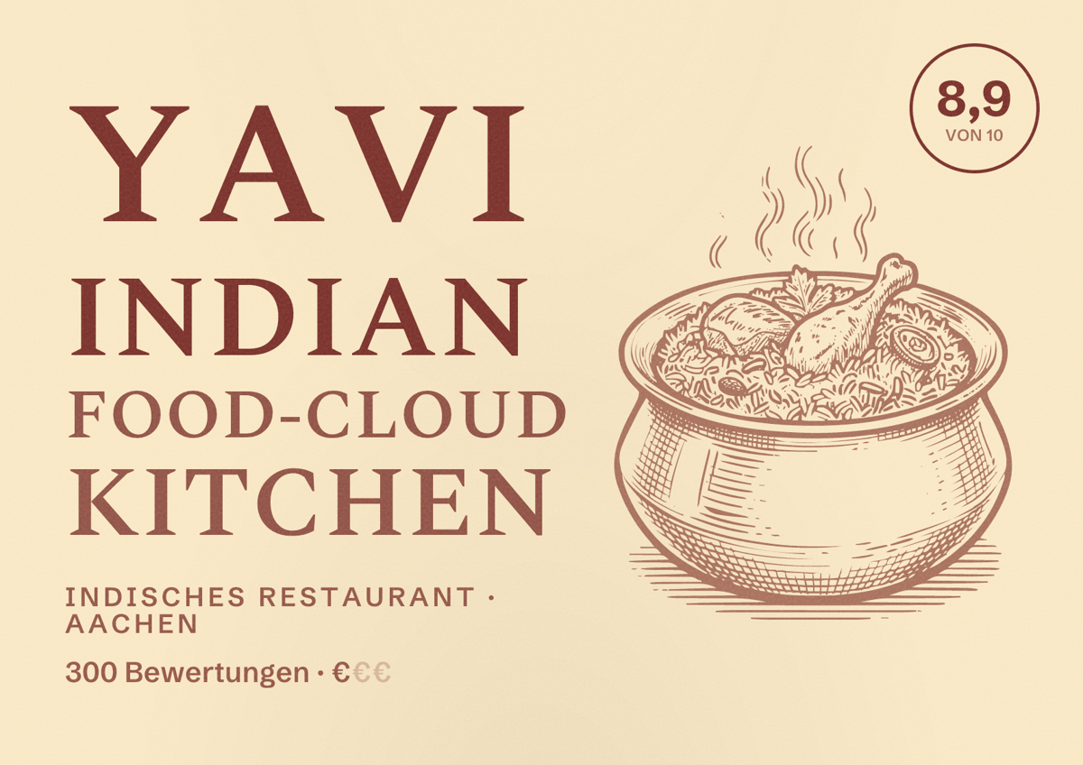Illustriertes Poster von YAVI INDIAN FOOD-CLOUD KITCHEN, Indisches Restaurant in Aachen: Bewertung 8,9 von 10 aus 300 Bewertungen, Preisniveau €