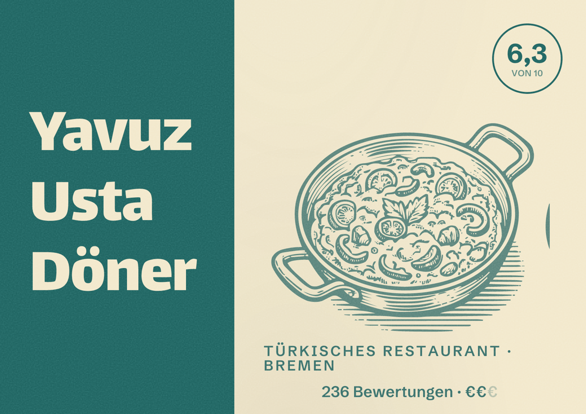 Illustriertes Poster von Yavuz Usta Döner, Türkisches Restaurant in Bremen: Bewertung 6,3 von 10 aus 236 Bewertungen, Preisniveau €€