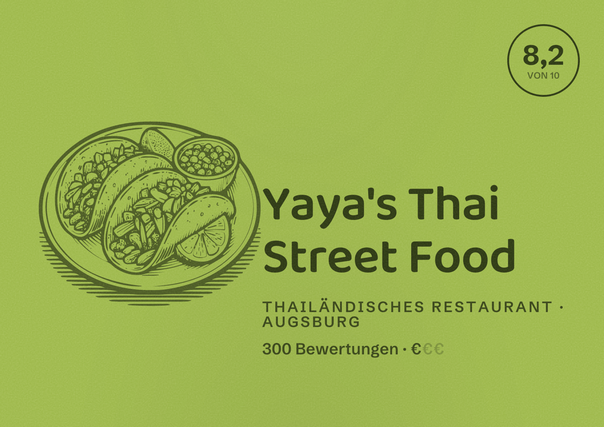 Illustriertes Poster von Yaya's Thai Street Food, Thailändisches Restaurant in Augsburg: Bewertung 8,2 von 10 aus 300 Bewertungen, Preisniveau €