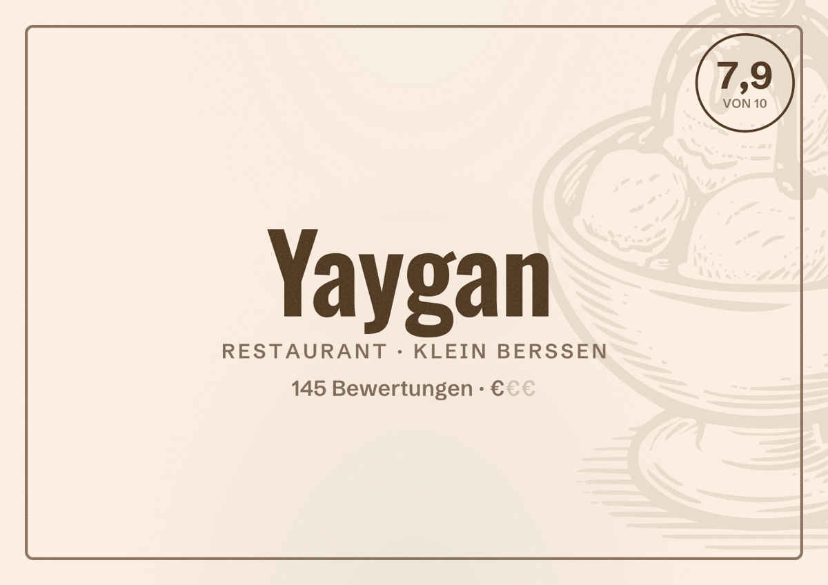 Illustriertes Poster von Yaygan, Restaurant in Klein Berßen: Bewertung 7,9 von 10 aus 145 Bewertungen, Preisniveau €