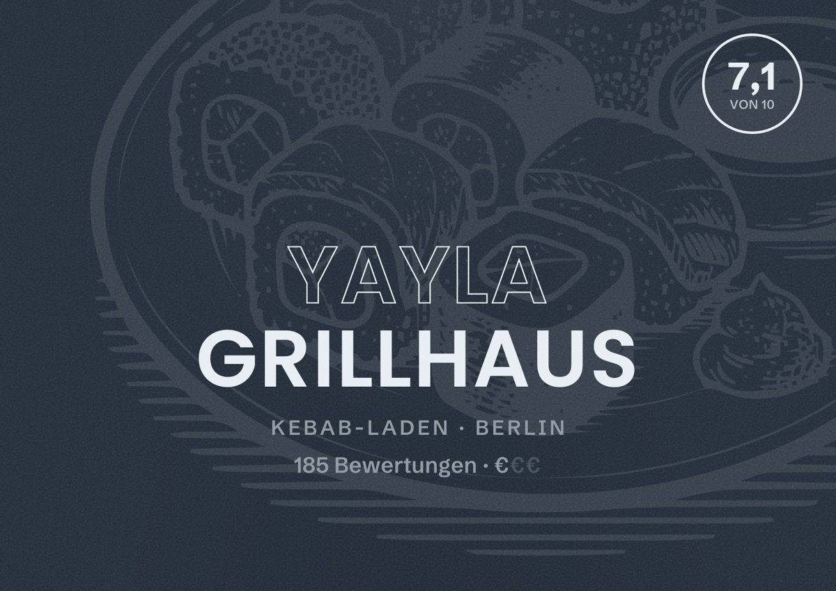 Illustriertes Poster von Yayla Grillhaus, Kebab-Laden in Berlin: Bewertung 7,1 von 10 aus 185 Bewertungen, Preisniveau €