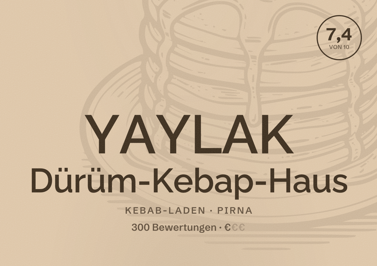 Illustriertes Poster von YAYLAK Dürüm-Kebap-Haus, Kebab-Laden in Pirna: Bewertung 7,4 von 10 aus 300 Bewertungen, Preisniveau €