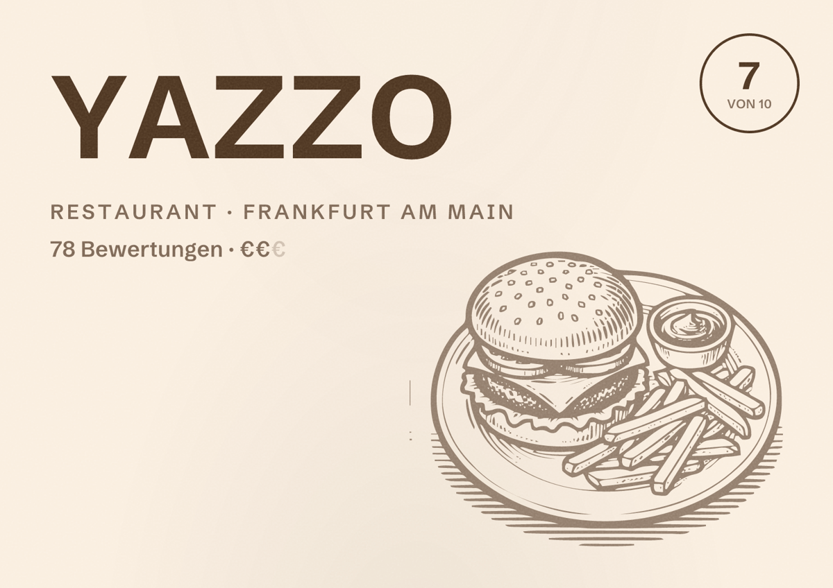 Illustriertes Poster von YAZZO, Restaurant in Frankfurt am Main: Bewertung 7,0 von 10 aus 78 Bewertungen, Preisniveau €€