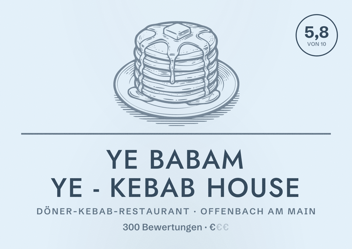 Illustriertes Poster von Ye Babam Ye - Kebab House, Döner-Kebab-Restaurant in Offenbach am Main: Bewertung 5,8 von 10 aus 300 Bewertungen, Preisniveau €