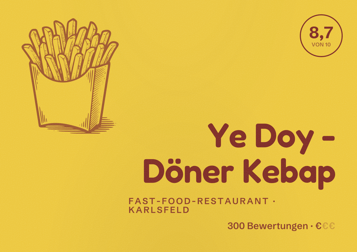 Illustriertes Poster von Ye Doy - Döner Kebap, Fast-Food-Restaurant in Karlsfeld: Bewertung 8,7 von 10 aus 300 Bewertungen, Preisniveau €