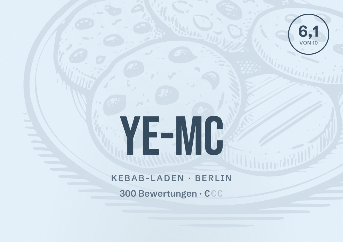 Illustriertes Poster von Ye-Mc, Kebab-Laden in Berlin: Bewertung 6,1 von 10 aus 300 Bewertungen, Preisniveau €