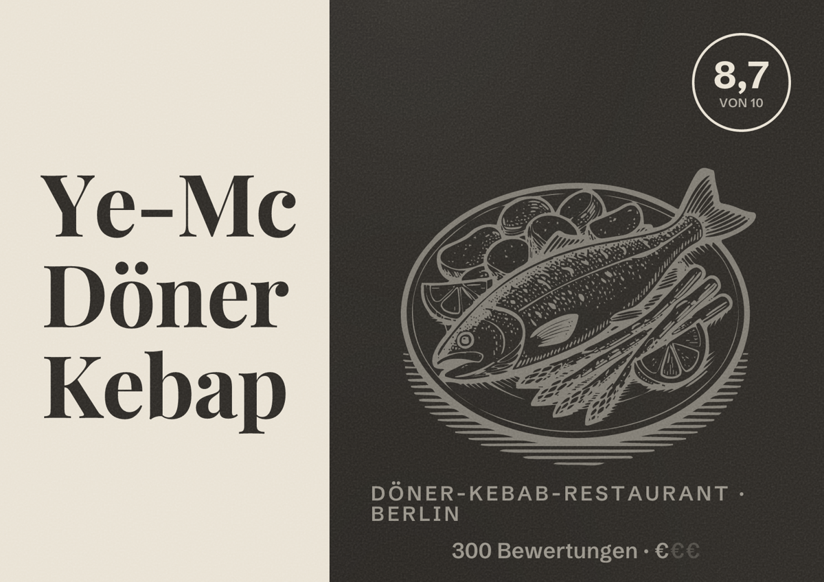Illustriertes Poster von Ye-Mc Döner Kebap, Döner-Kebab-Restaurant in Berlin: Bewertung 8,7 von 10 aus 300 Bewertungen, Preisniveau €