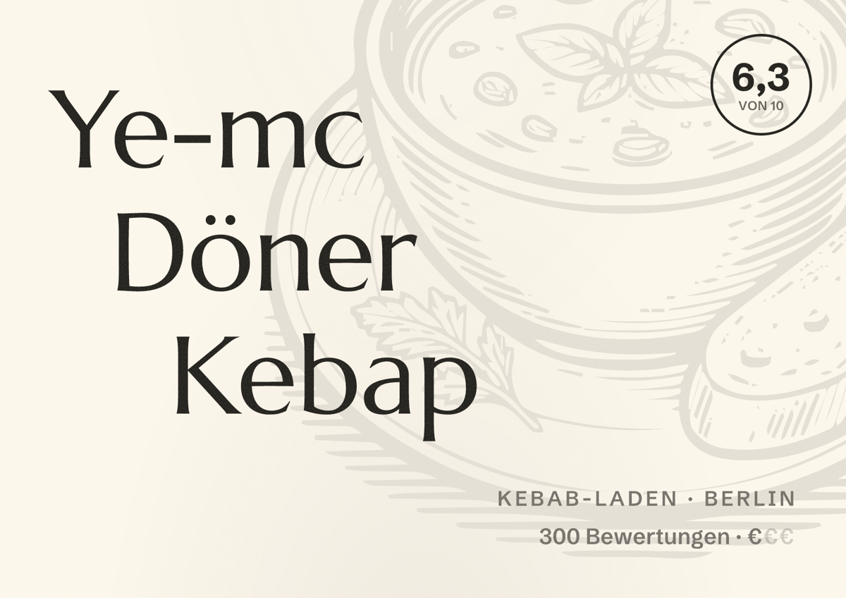 Illustriertes Poster von Ye-mc Döner Kebap, Kebab-Laden in Berlin: Bewertung 6,3 von 10 aus 300 Bewertungen, Preisniveau €
