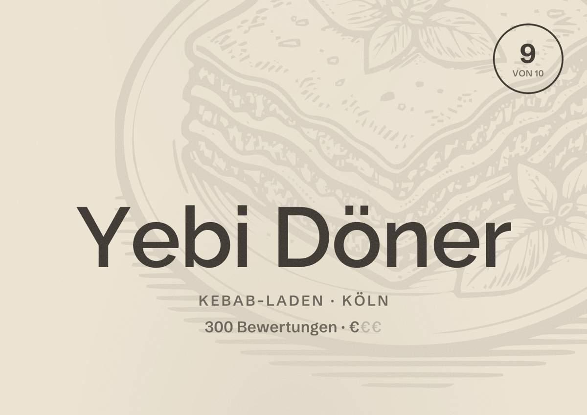 Illustriertes Poster von Yebi Döner, Kebab-Laden in Köln: Bewertung 9,0 von 10 aus 300 Bewertungen, Preisniveau €