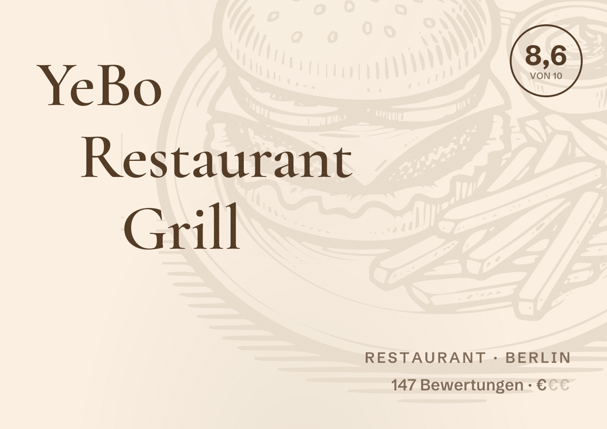 Illustriertes Poster von YeBo Restaurant Grill, Restaurant in Berlin: Bewertung 8,6 von 10 aus 147 Bewertungen, Preisniveau €