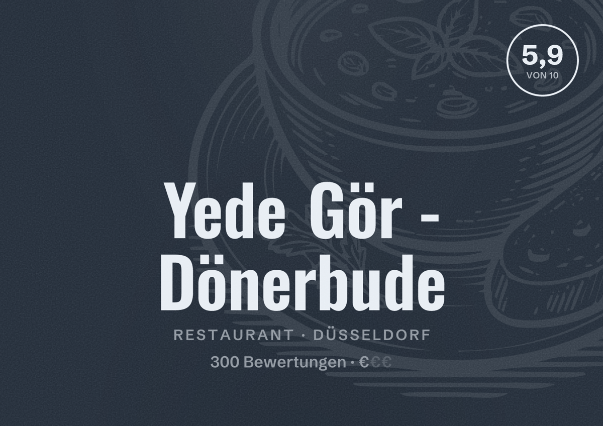 Illustriertes Poster von Yede Gör - Dönerbude, Restaurant in Düsseldorf: Bewertung 5,9 von 10 aus 300 Bewertungen, Preisniveau €