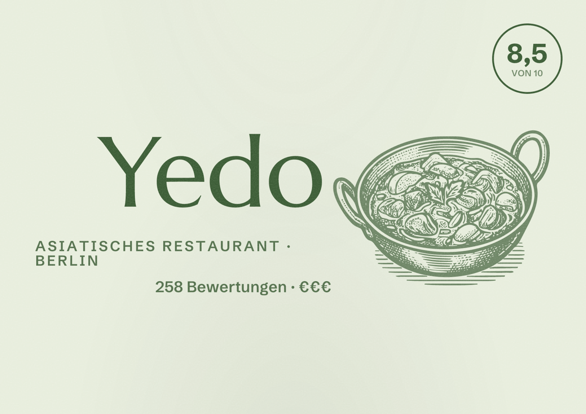 Illustriertes Poster von Yedo, Asiatisches Restaurant in Berlin: Bewertung 8,5 von 10 aus 258 Bewertungen, Preisniveau €€€