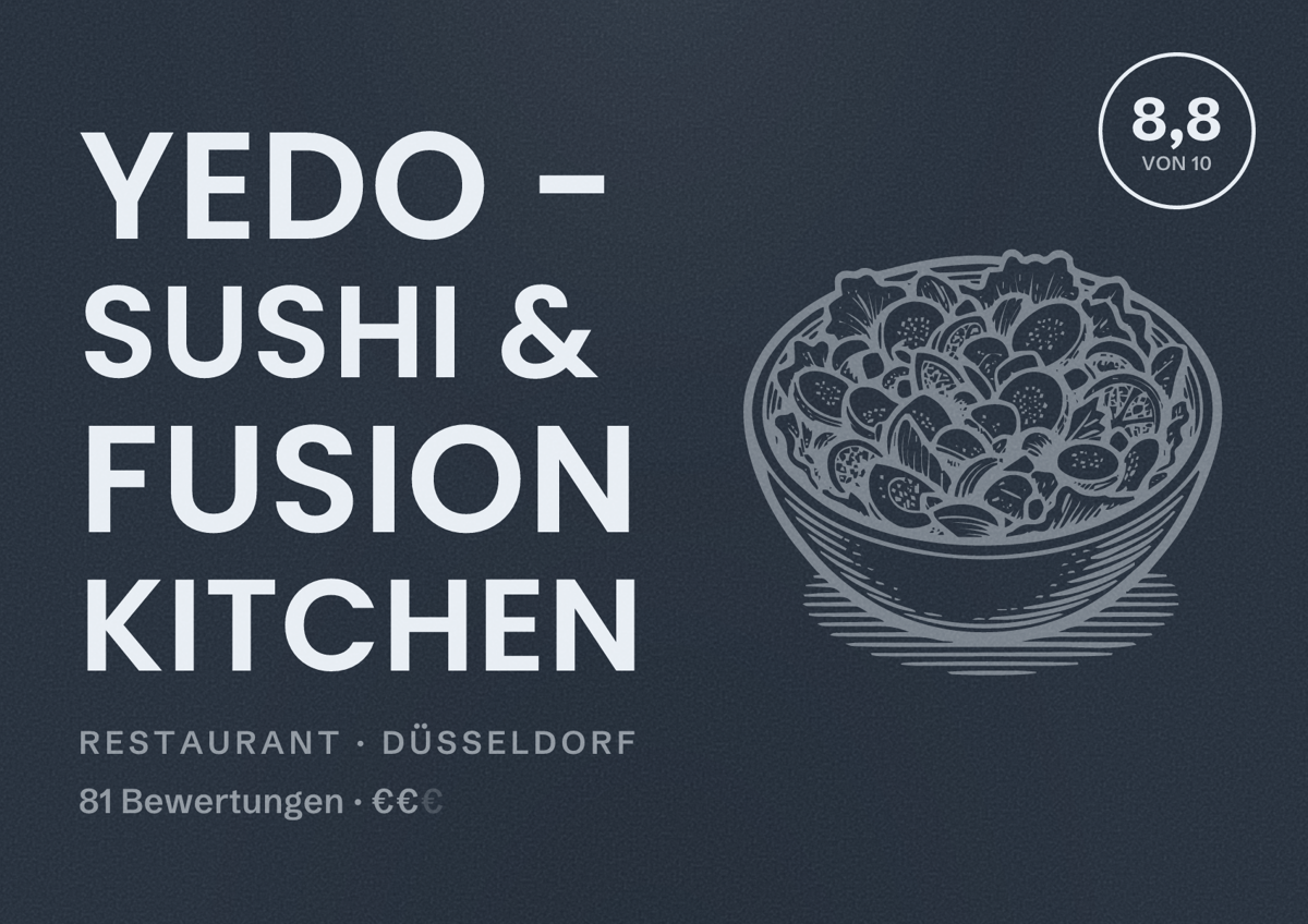 Illustriertes Poster von YEDO - Sushi & Fusion Kitchen, Restaurant in Düsseldorf: Bewertung 8,8 von 10 aus 81 Bewertungen, Preisniveau €€