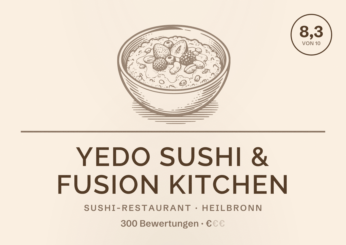 Illustriertes Poster von YEDO Sushi & Fusion Kitchen, Sushi-Restaurant in Heilbronn: Bewertung 8,3 von 10 aus 300 Bewertungen, Preisniveau €
