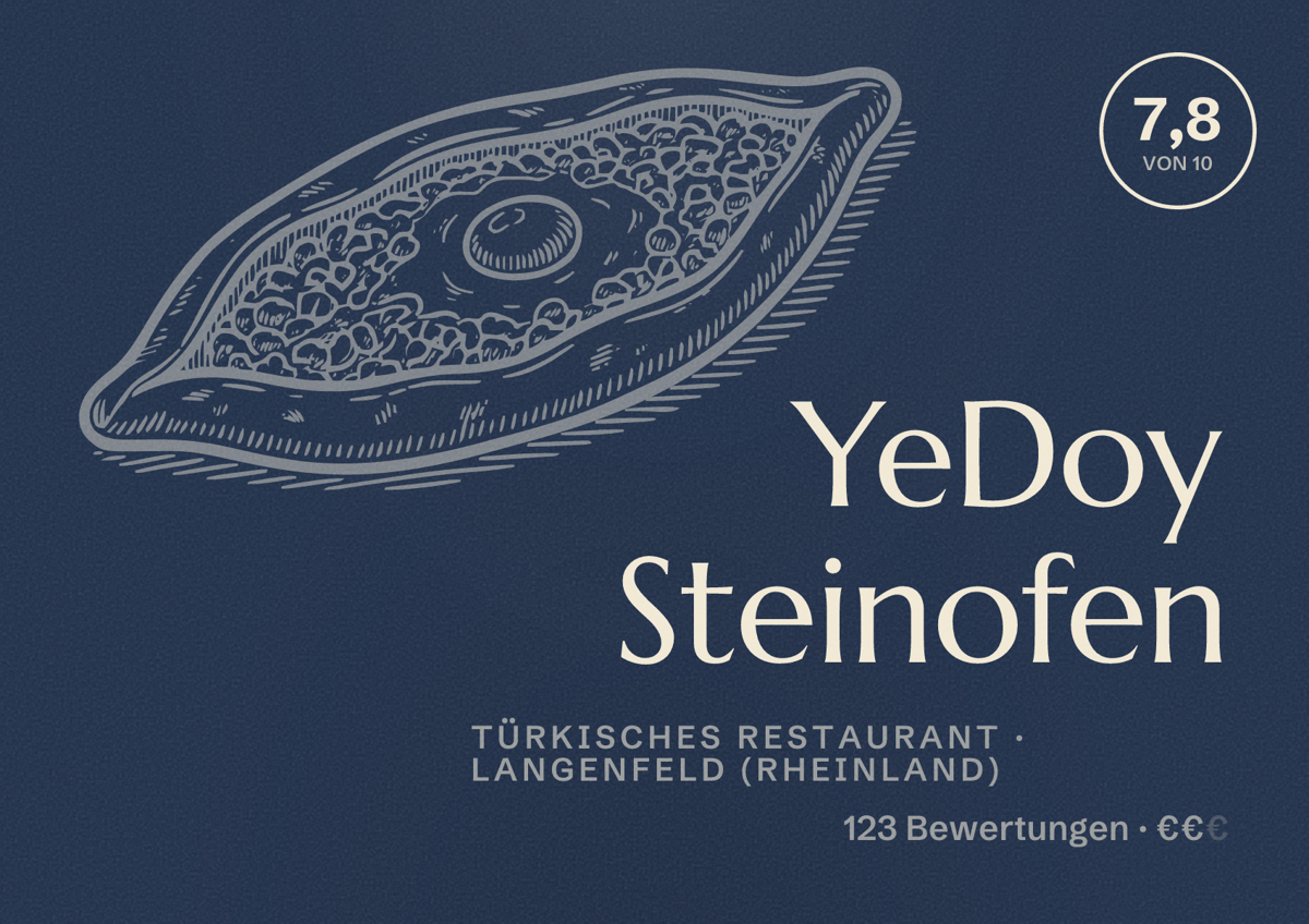 Illustriertes Poster von YeDoy Steinofen, Türkisches Restaurant in Langenfeld (Rheinland): Bewertung 7,8 von 10 aus 123 Bewertungen, Preisniveau €€