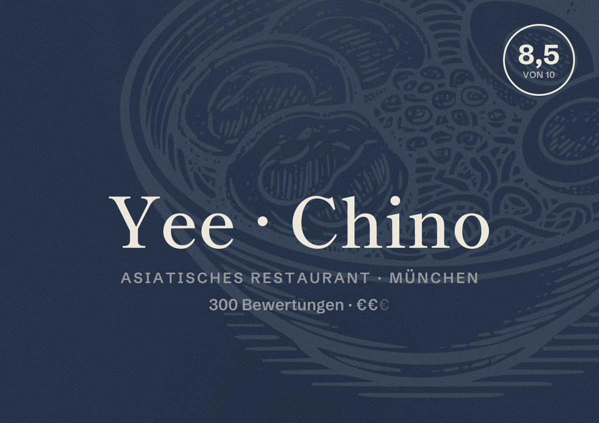 Illustriertes Poster von Yee Chino, Asiatisches Restaurant in München: Bewertung 8,5 von 10 aus 300 Bewertungen, Preisniveau €€