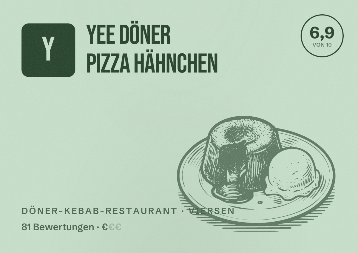 Illustriertes Poster von Yee Döner Pizza Hähnchen, Döner-Kebab-Restaurant in Viersen: Bewertung 6,9 von 10 aus 81 Bewertungen, Preisniveau €