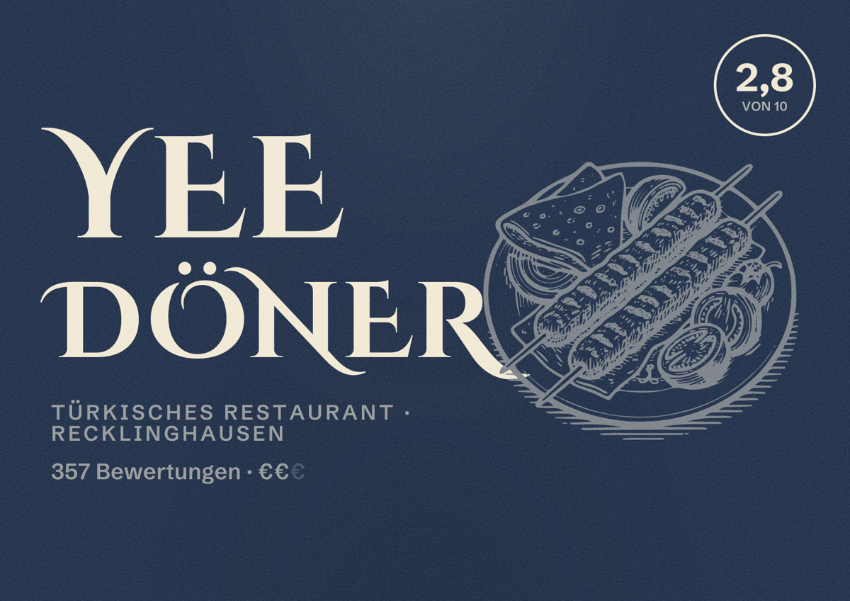 Illustriertes Poster von Yee Döner, Türkisches Restaurant in Recklinghausen: Bewertung 2,8 von 10 aus 357 Bewertungen, Preisniveau €€