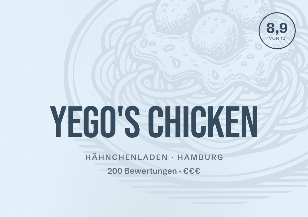 Illustriertes Poster von Yego's Chicken, Hähnchenladen in Hamburg: Bewertung 8,9 von 10 aus 200 Bewertungen, Preisniveau €€€