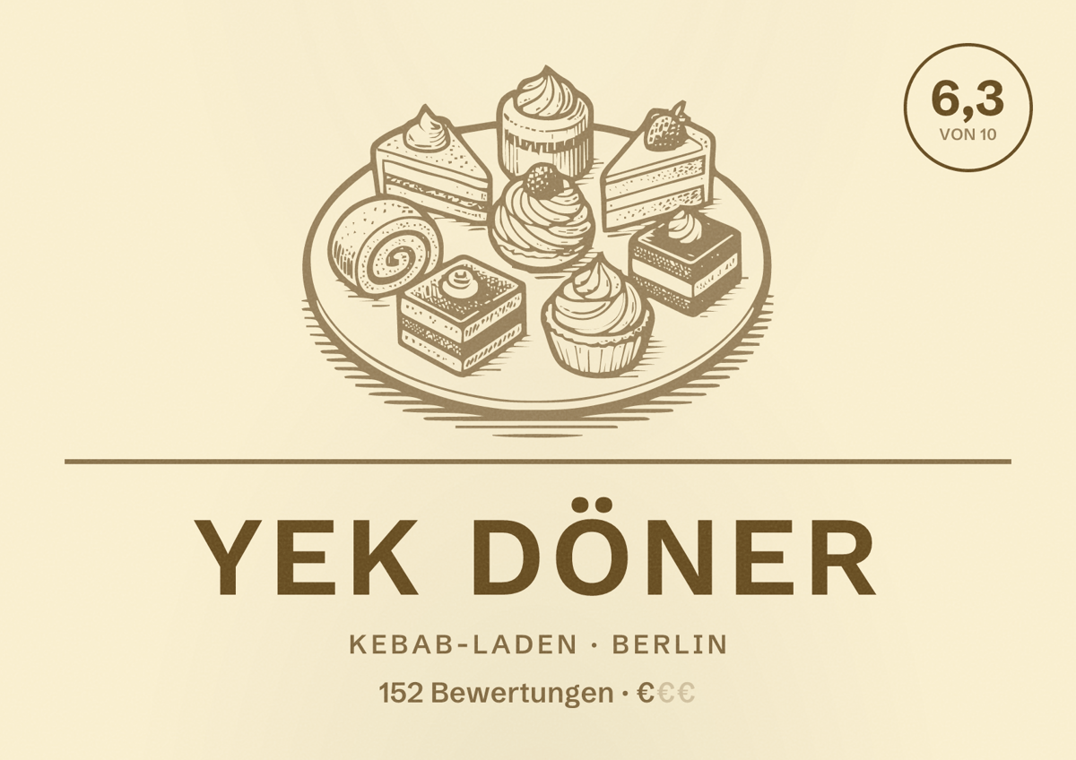 Illustriertes Poster von Yek Döner, Kebab-Laden in Berlin: Bewertung 6,3 von 10 aus 152 Bewertungen, Preisniveau €