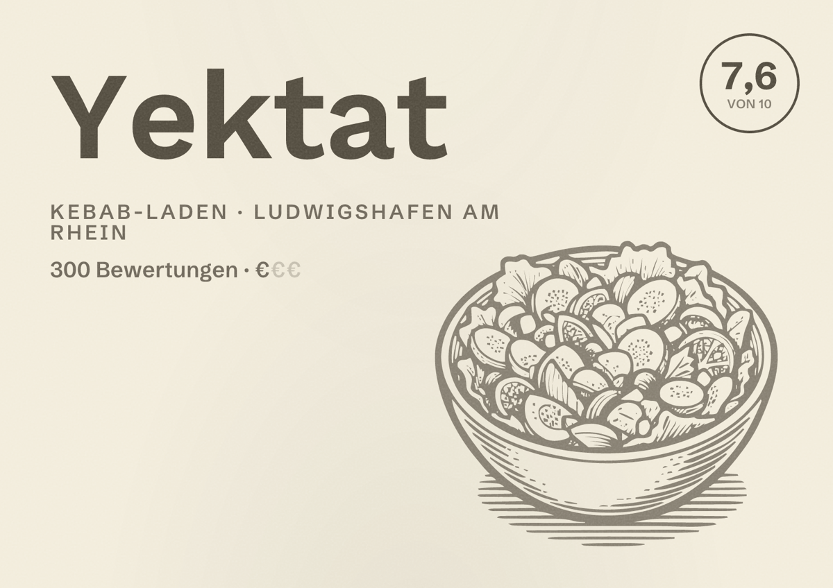 Illustriertes Poster von Yektat, Kebab-Laden in Ludwigshafen am Rhein: Bewertung 7,6 von 10 aus 300 Bewertungen, Preisniveau €