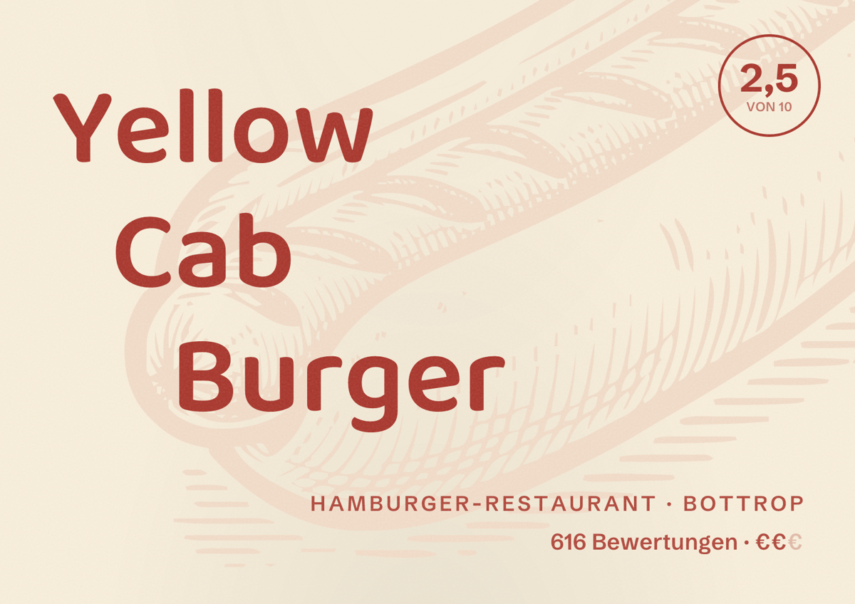 Illustriertes Poster von Yellow Cab Burger, Hamburger-Restaurant in Bottrop: Bewertung 2,5 von 10 aus 616 Bewertungen, Preisniveau €€