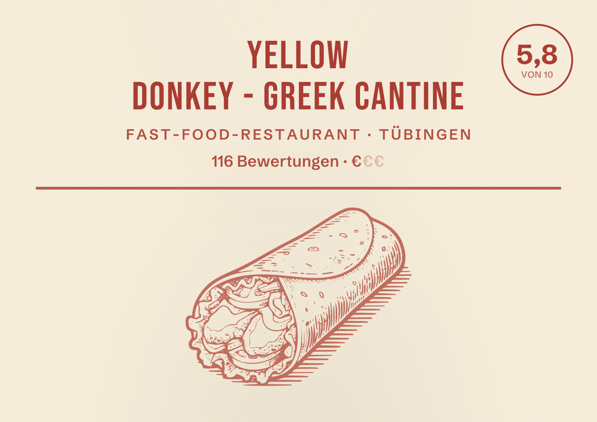 Illustriertes Poster von Yellow Donkey - Greek Cantine, Fast-Food-Restaurant in Tübingen: Bewertung 5,8 von 10 aus 116 Bewertungen, Preisniveau €