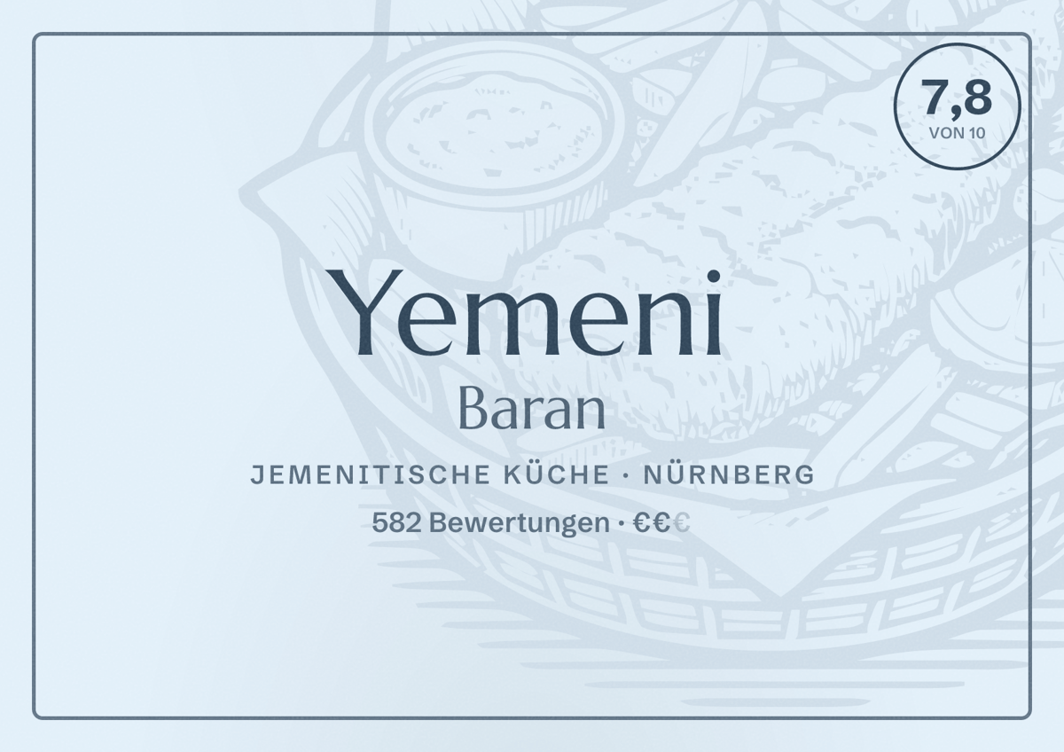 Illustriertes Poster von Yemeni Baran, Jemenitische Küche in Nürnberg: Gästebewertung 7,8 von 10 aus 582 Bewertungen
