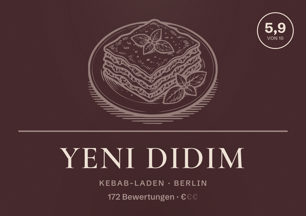 Illustriertes Poster von Yeni DIDIM, Kebab-Laden in Berlin: Bewertung 5,9 von 10 aus 172 Bewertungen, Preisniveau €