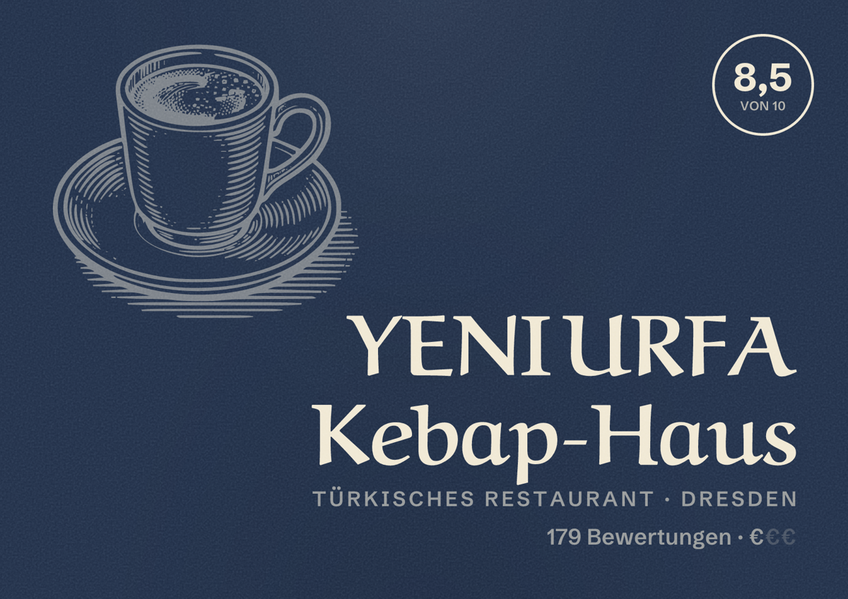 Illustriertes Poster von YENI URFA Kebap-Haus, Türkisches Restaurant in Dresden: Gästebewertung 8,5 von 10 aus 179 Bewertungen
