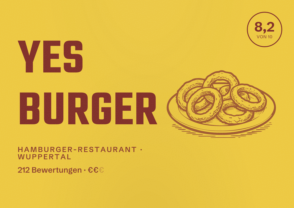 Illustriertes Poster von Yes Burger, Hamburger-Restaurant in Wuppertal: Bewertung 8,2 von 10 aus 212 Bewertungen, Preisniveau €€