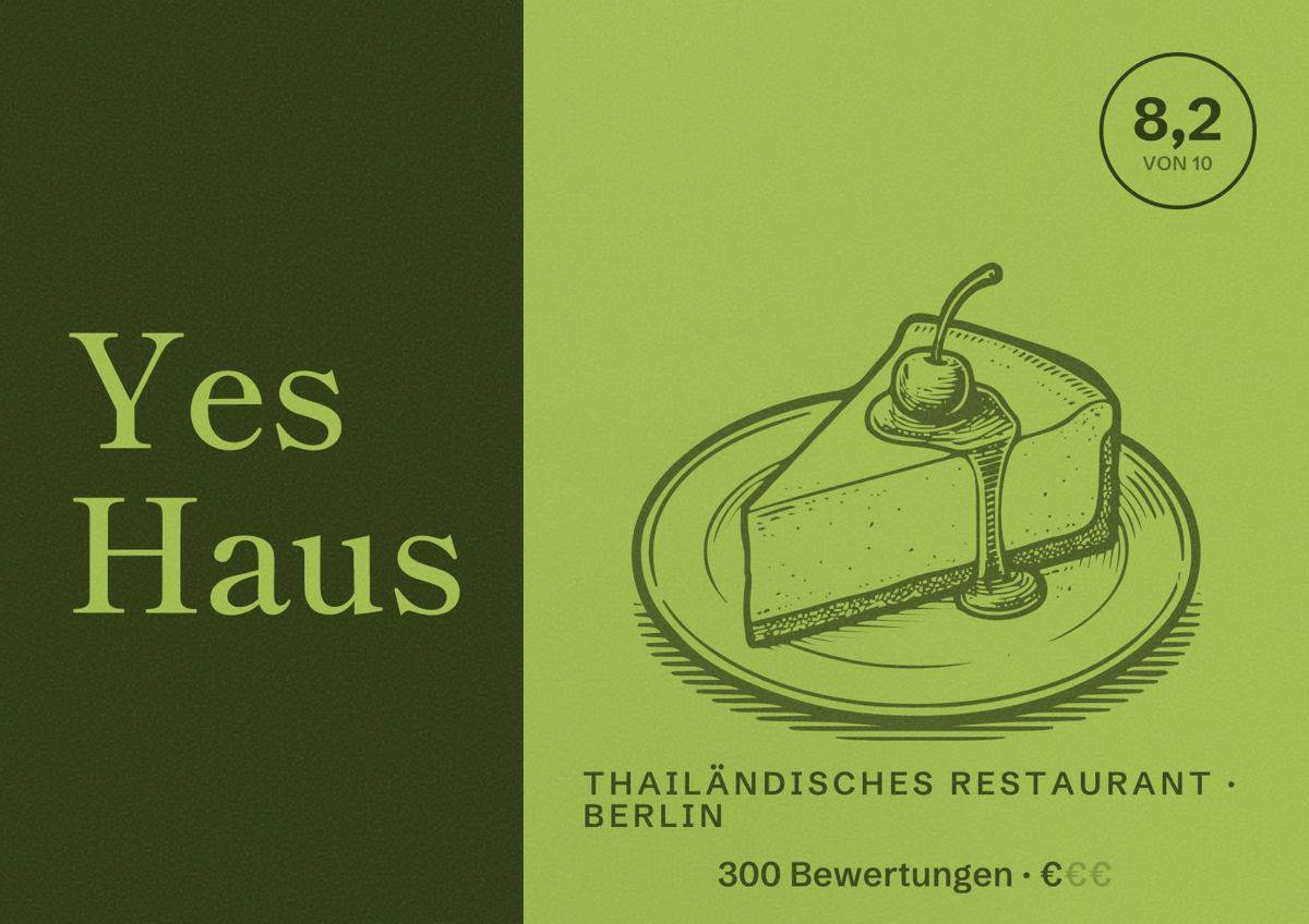 Illustriertes Poster von Yes Haus, Thailändisches Restaurant in Berlin: Bewertung 8,2 von 10 aus 300 Bewertungen, Preisniveau €