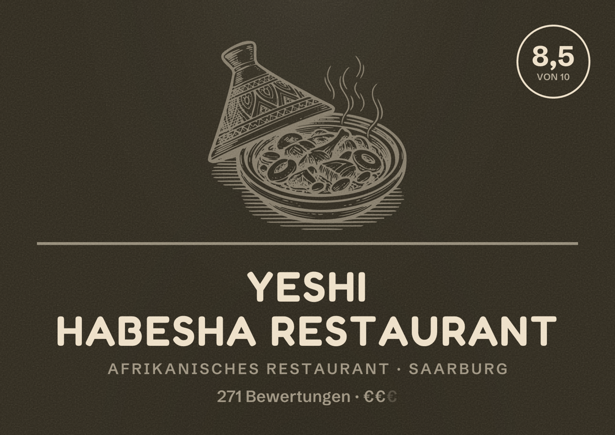 Illustriertes Poster von Yeshi Habesha Restaurant, Afrikanisches Restaurant in Saarburg: Bewertung 8,5 von 10 aus 271 Bewertungen, Preisniveau €€