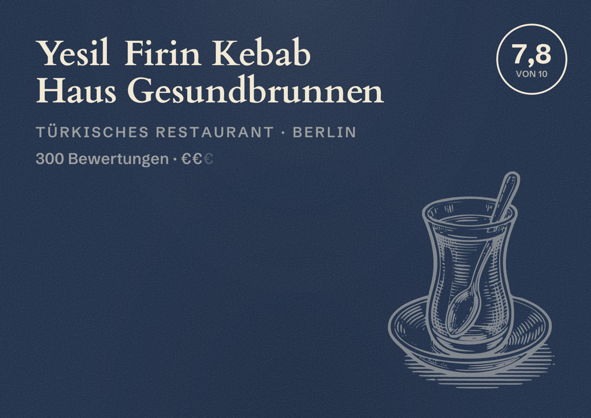 Illustriertes Poster von Yesil Firin Kebab Haus Gesundbrunnen, Türkisches Restaurant in Berlin: Bewertung 7,8 von 10 aus 300 Bewertungen, Preisniveau €€