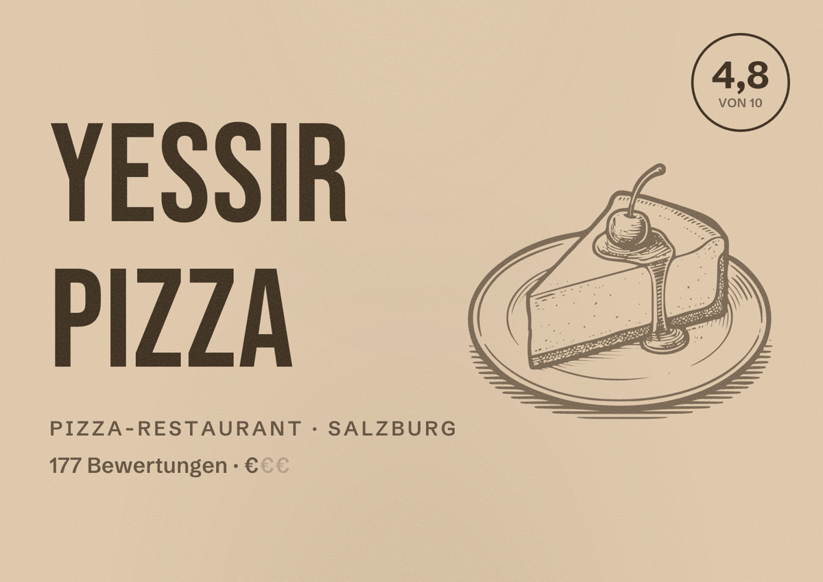 Illustriertes Poster von Yessir Pizza, Pizza-Restaurant in Salzburg: Bewertung 4,8 von 10 aus 177 Bewertungen, Preisniveau €
