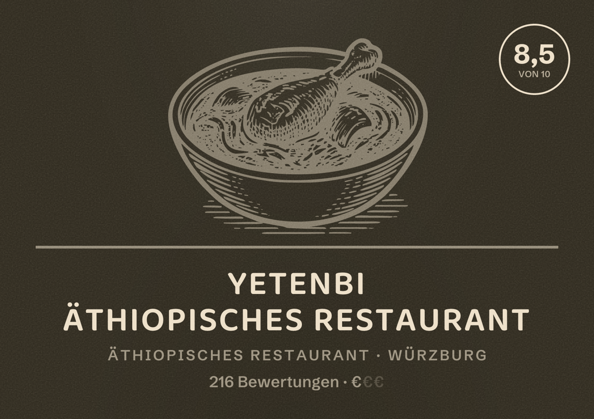 Illustriertes Poster von YETENBI ÄTHIOPISCHES RESTAURANT, Äthiopisches Restaurant in Würzburg: Bewertung 8,5 von 10 aus 216 Bewertungen, Preisniveau €