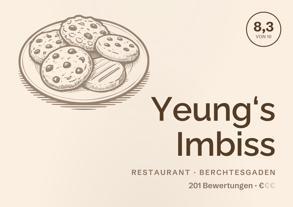 Illustriertes Poster von Yeung‘s Imbiss, Restaurant in Berchtesgaden: Bewertung 8,3 von 10 aus 201 Bewertungen, Preisniveau €