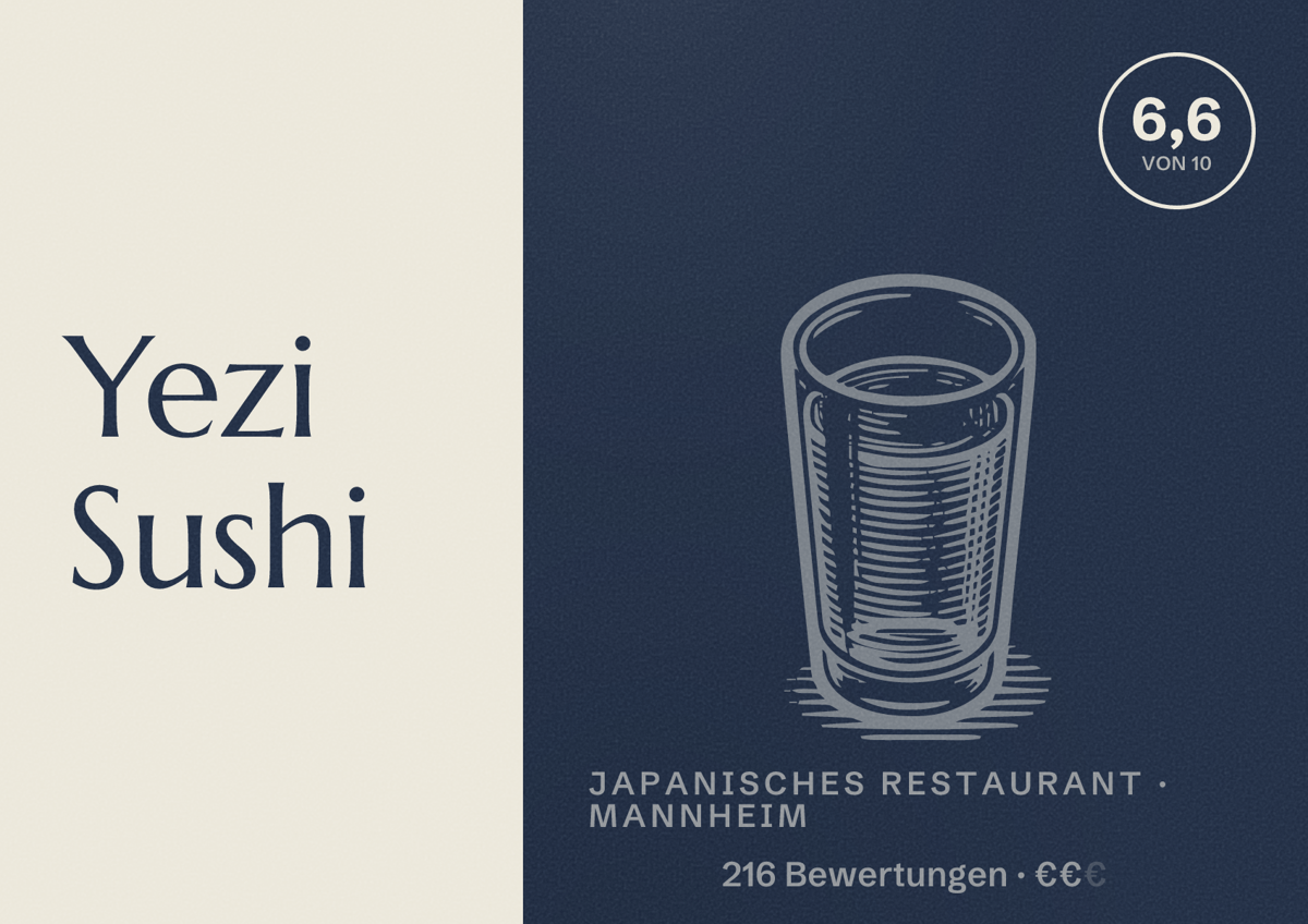 Illustriertes Poster von Yezi Sushi, Japanisches Restaurant in Mannheim: Bewertung 6,6 von 10 aus 216 Bewertungen, Preisniveau €€