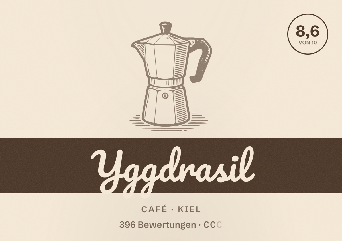 Illustriertes Poster von Yggdrasil, Café in Kiel: Bewertung 8,6 von 10 aus 396 Bewertungen, Preisniveau €€