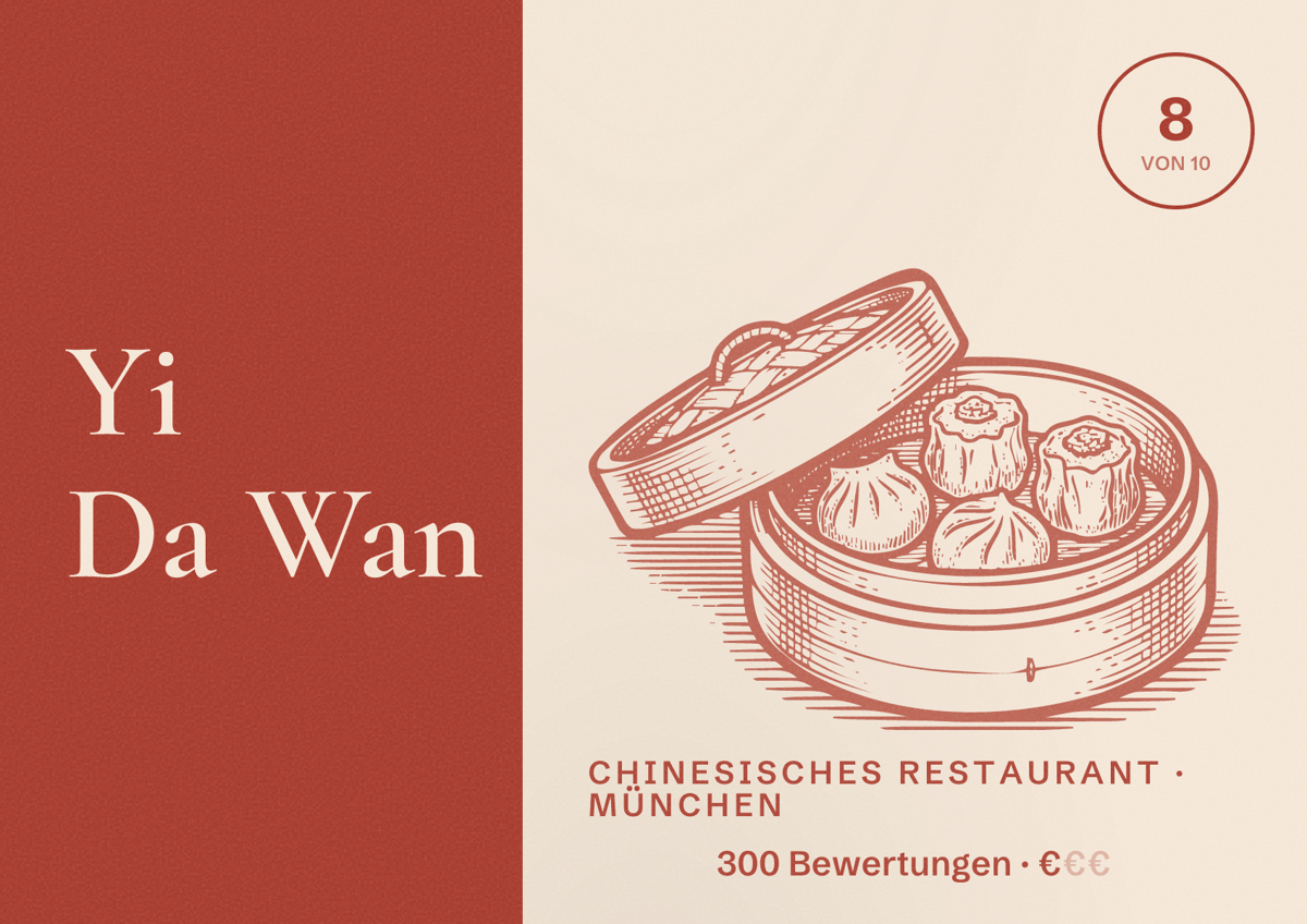 Illustriertes Poster von Yi Da Wan, Chinesisches Restaurant in München: Bewertung 8 von 10 aus 300 Bewertungen, Preisniveau €